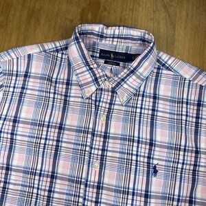 Ralph Lauren Slim Fit Short Sleeve Button Down Men XL Pink/Blue Plaid Seersucker